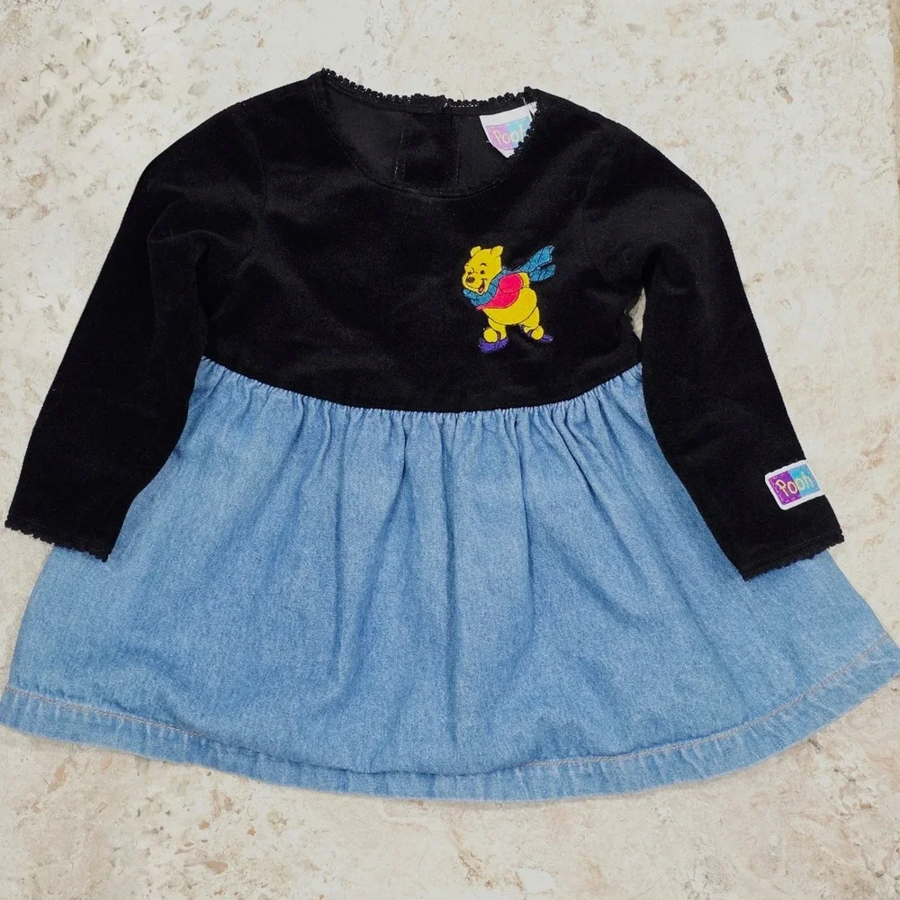 Vintage Disney Winnie the Pooh Black Velour Denim Skirt Dress 18M Long Sleeve